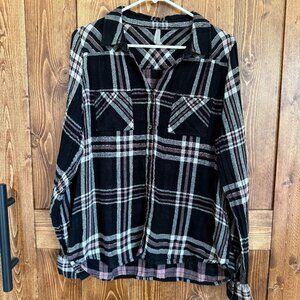 Vanity Black Purple Metallic Flannel Top XL Button Down EUC